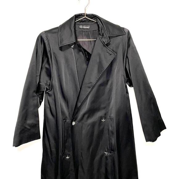 Harve Bernard Black Satin Diamond Design Buttons Trench Coat size 4 - Picture 4 of 11